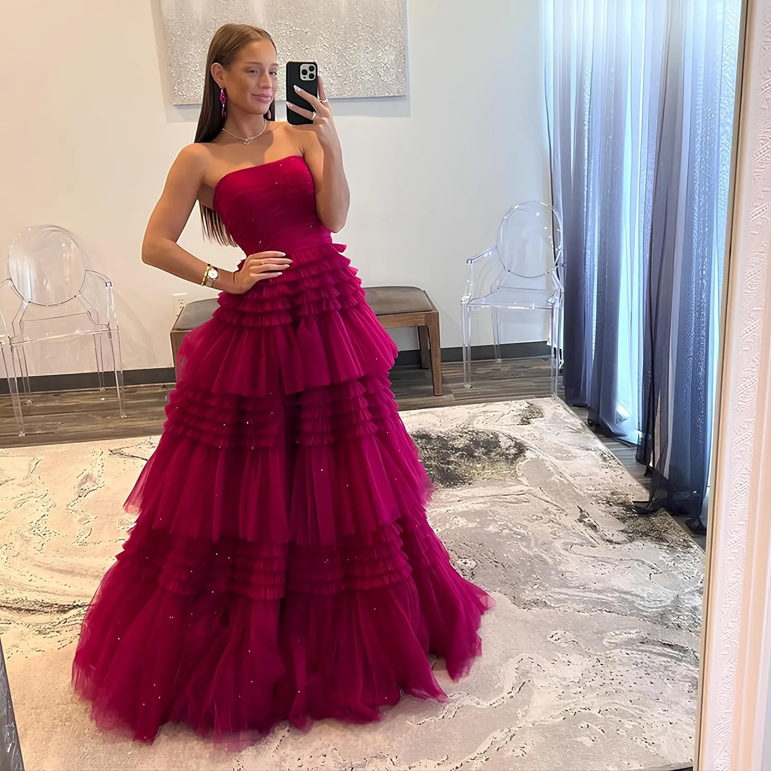 Off Shoulder Tulle A-Line Long Prom Dresses Strapless Open Back Cocktail Black Evening Gown