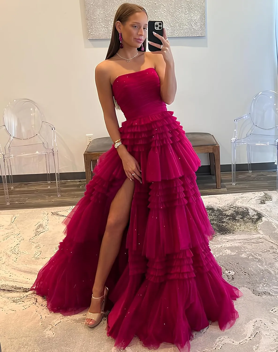 Off Shoulder Tulle A-Line Long Prom Dresses Strapless Open Back Cocktail Black Evening Gown