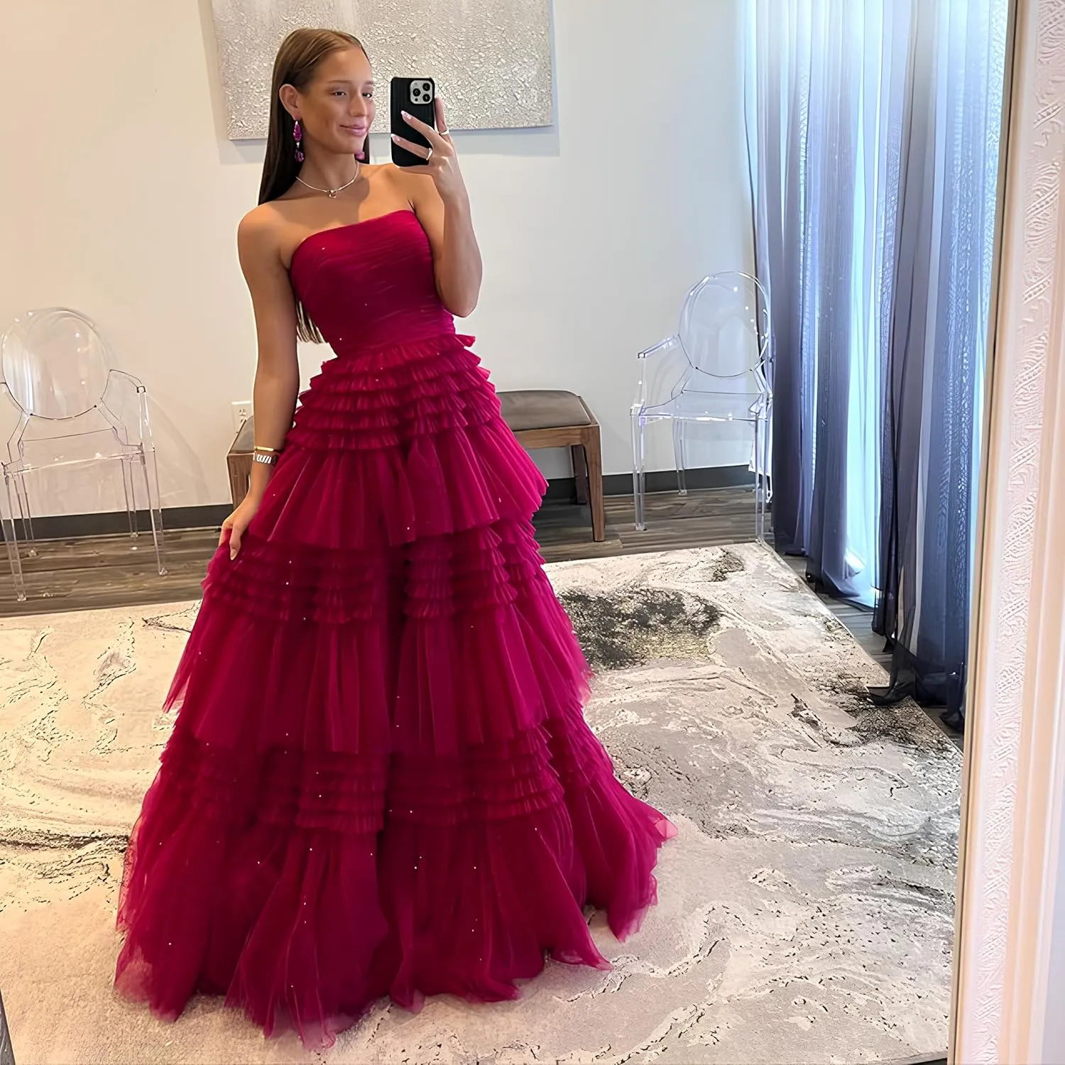Off Shoulder Tulle A-Line Long Prom Dresses Strapless Open Back Cocktail Black Evening Gown