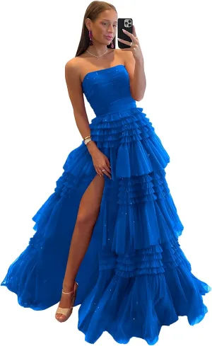 Off Shoulder Tulle A-Line Long Prom Dresses Strapless Open Back Cocktail Black Evening Gown