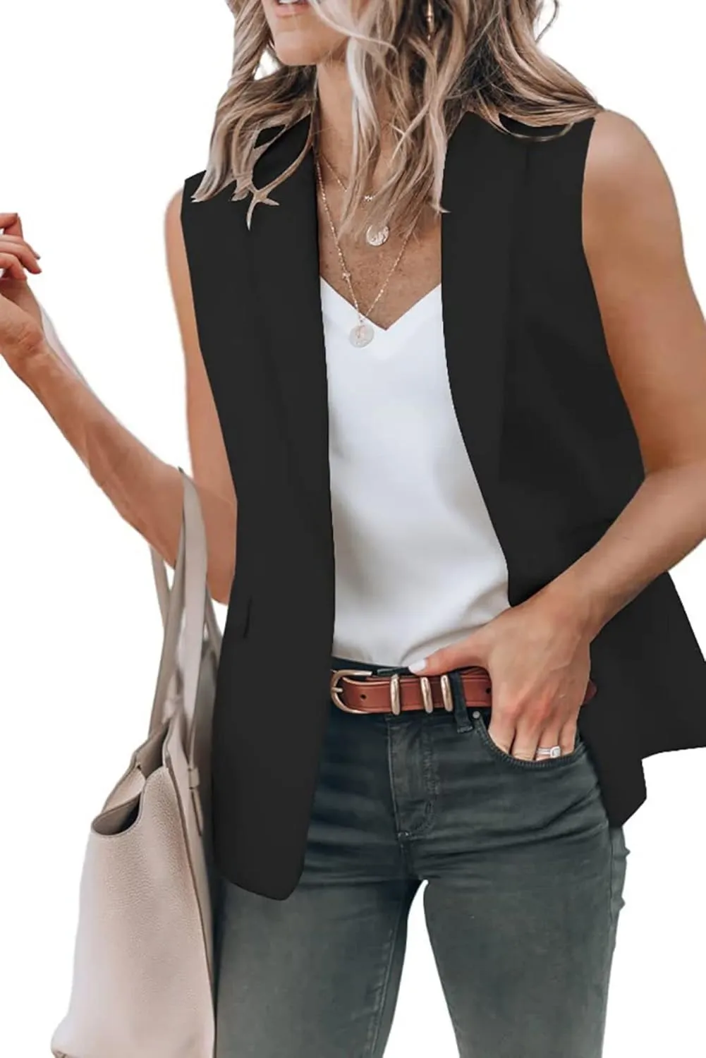 Oversized Blazers for Women Summer Casual Sleeveless Lapel One Button Vests Elegant Open Front Office Suit Jackets