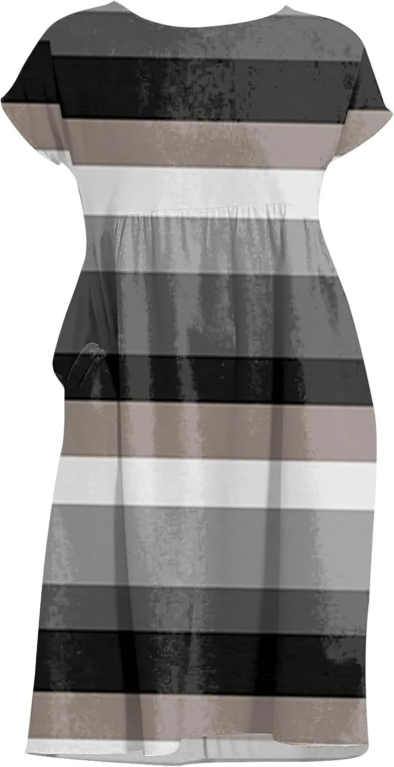 Patchwork Dress for Women Striped Ruched Waist A-Line Casual Summer Dress with Side Pockets