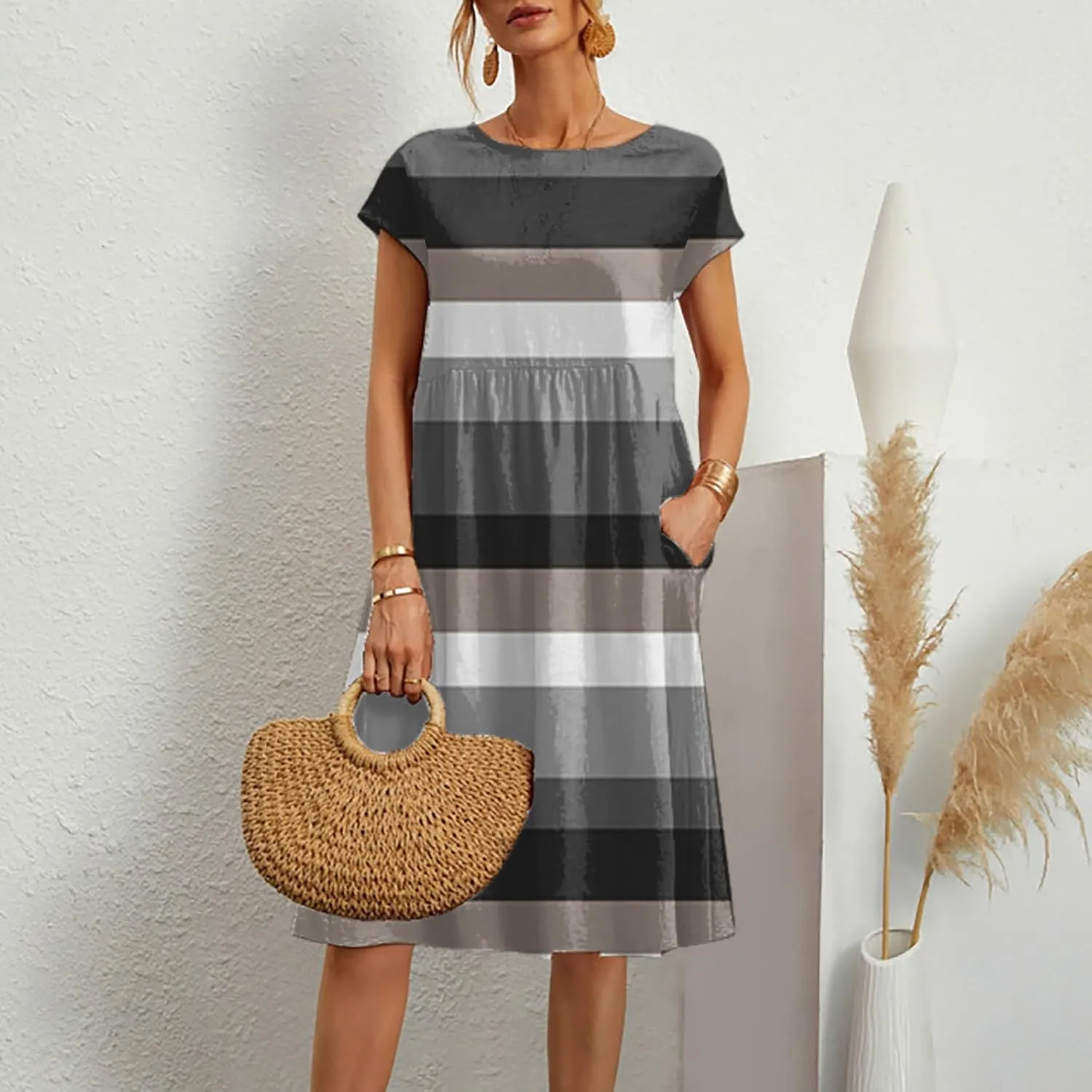 Patchwork Dress for Women Striped Ruched Waist A-Line Casual Summer Dress with Side Pockets