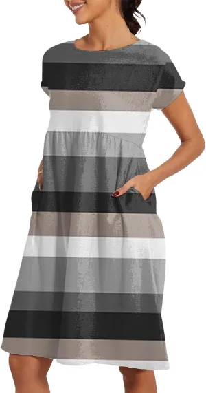 Patchwork Dress for Women Striped Ruched Waist A-Line Casual Summer Dress with Side Pockets