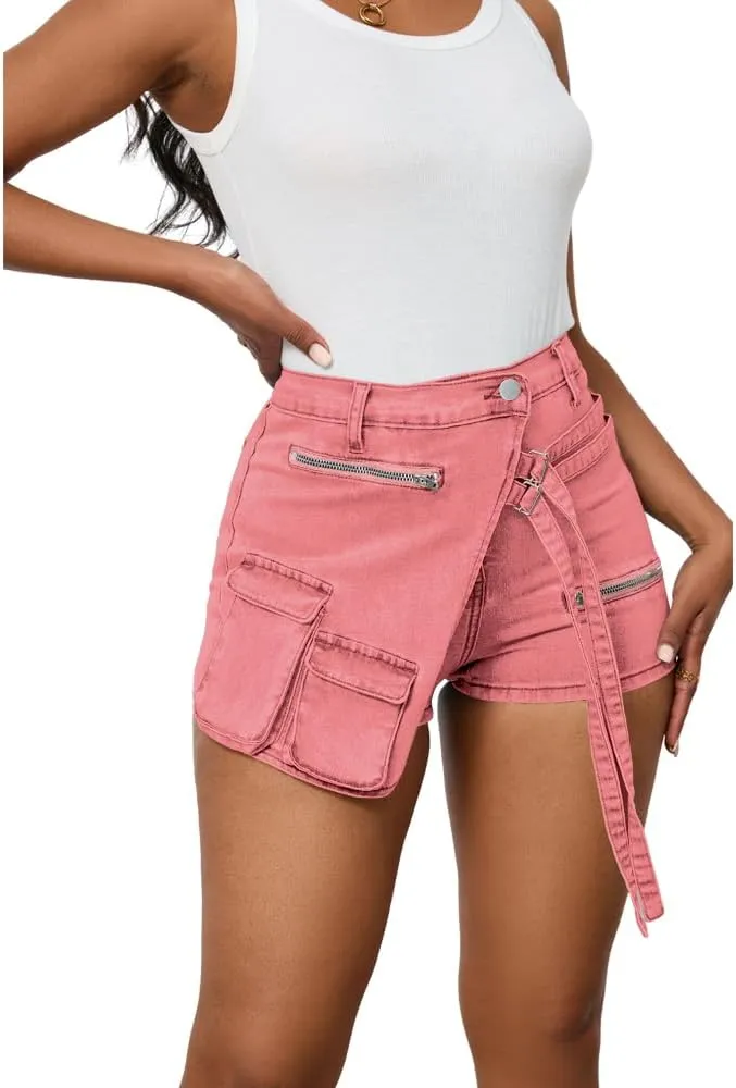 PINSV Women's Denim Skorts Stretchy Asymmetrical Jean Skirt Shorts