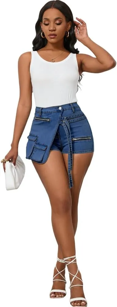 PINSV Women's Denim Skorts Stretchy Asymmetrical Jean Skirt Shorts