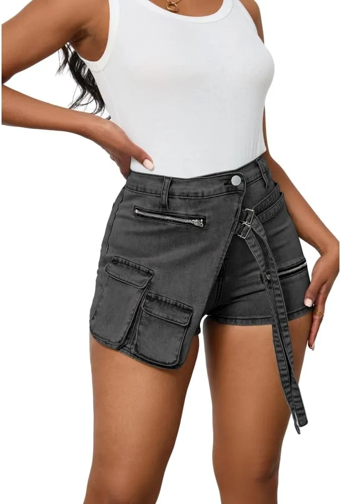PINSV Women's Denim Skorts Stretchy Asymmetrical Jean Skirt Shorts