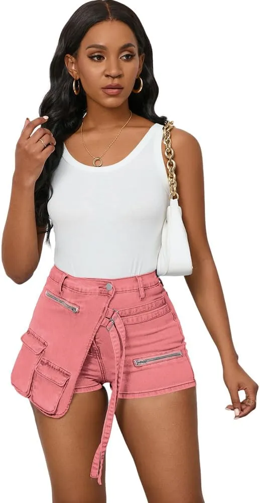 PINSV Women's Denim Skorts Stretchy Asymmetrical Jean Skirt Shorts