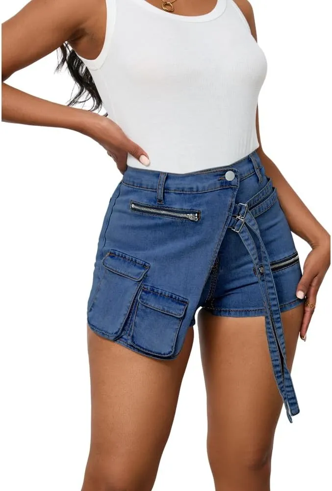 PINSV Women's Denim Skorts Stretchy Asymmetrical Jean Skirt Shorts