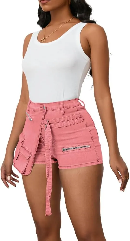 PINSV Women's Denim Skorts Stretchy Asymmetrical Jean Skirt Shorts