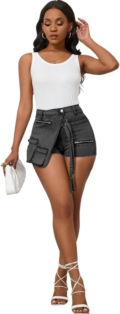 PINSV Women's Denim Skorts Stretchy Asymmetrical Jean Skirt Shorts