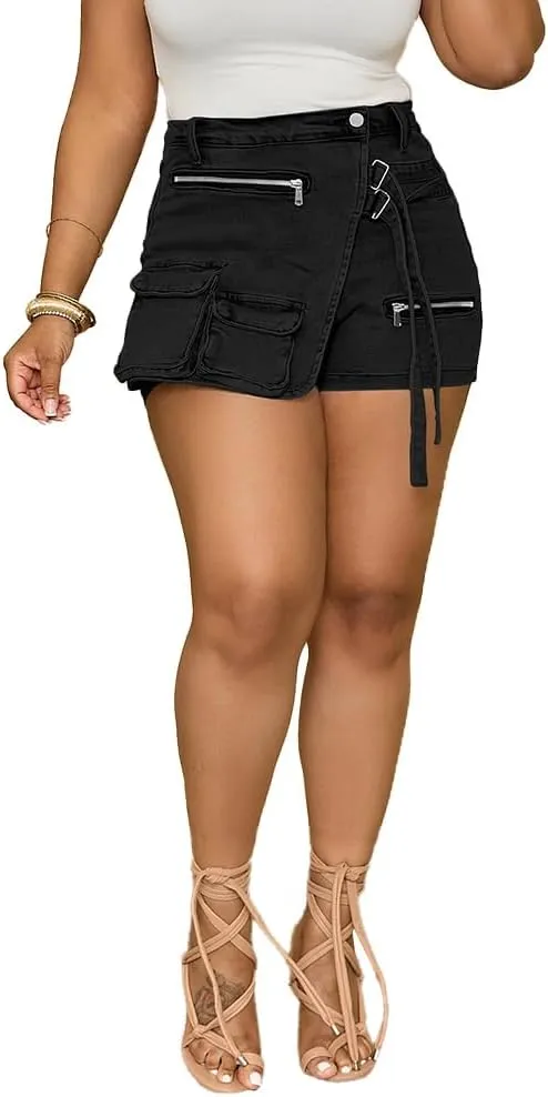 PINSV Women's Denim Skorts Stretchy Asymmetrical Jean Skirt Shorts