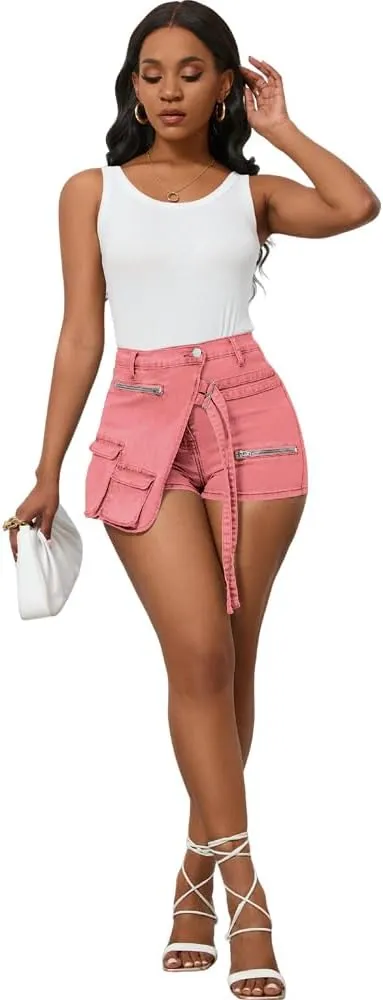 PINSV Women's Denim Skorts Stretchy Asymmetrical Jean Skirt Shorts