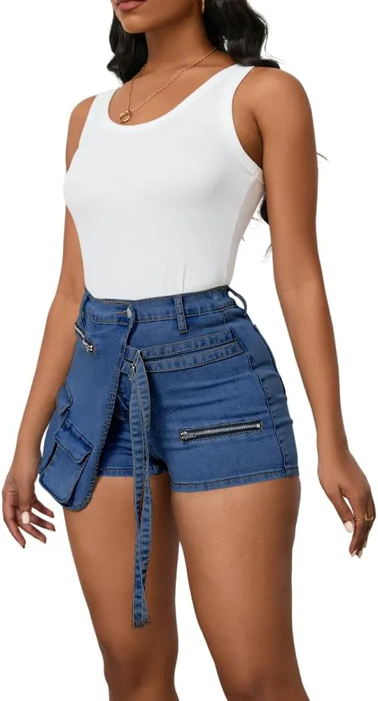 PINSV Women's Denim Skorts Stretchy Asymmetrical Jean Skirt Shorts