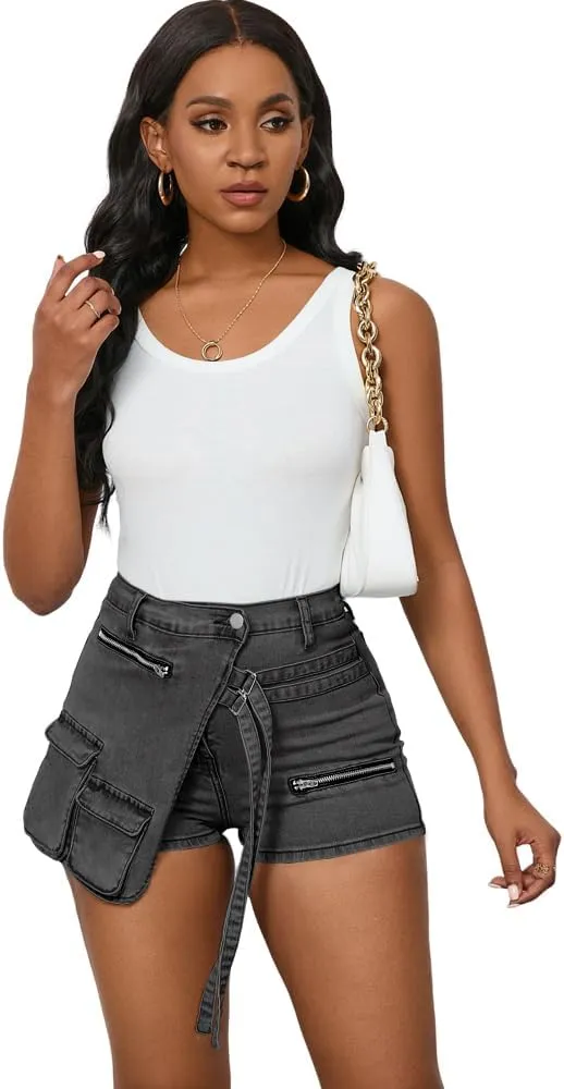 PINSV Women's Denim Skorts Stretchy Asymmetrical Jean Skirt Shorts
