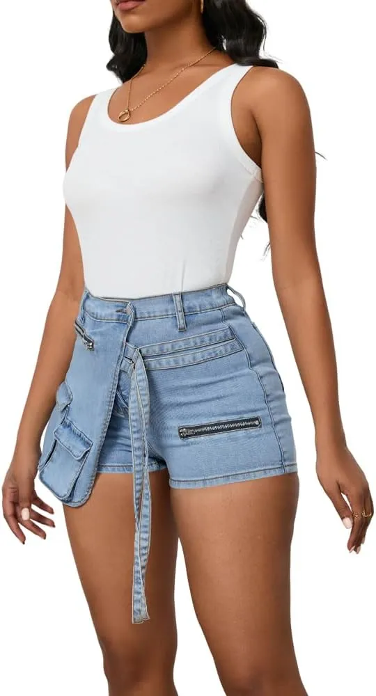 PINSV Women's Denim Skorts Stretchy Asymmetrical Jean Skirt Shorts