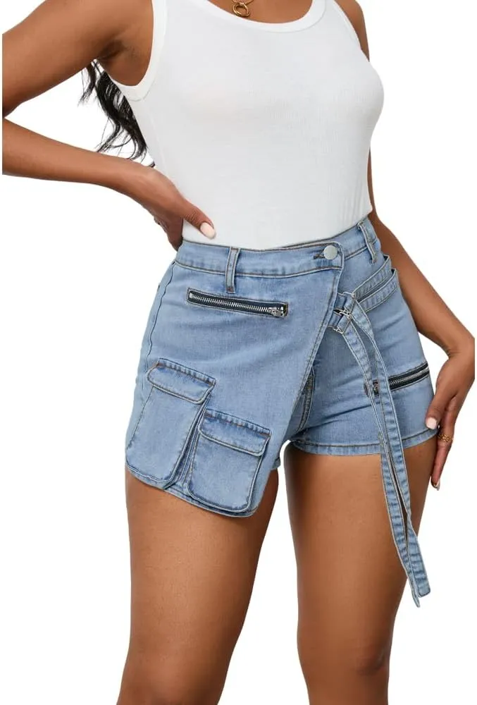 PINSV Women's Denim Skorts Stretchy Asymmetrical Jean Skirt Shorts