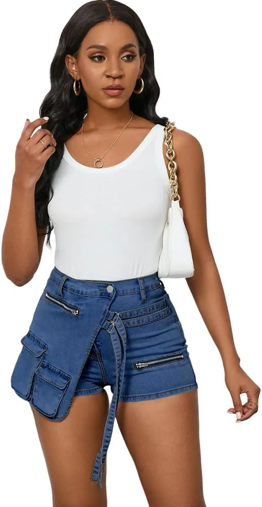 PINSV Women's Denim Skorts Stretchy Asymmetrical Jean Skirt Shorts