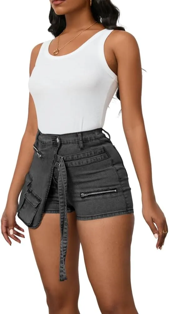 PINSV Women's Denim Skorts Stretchy Asymmetrical Jean Skirt Shorts