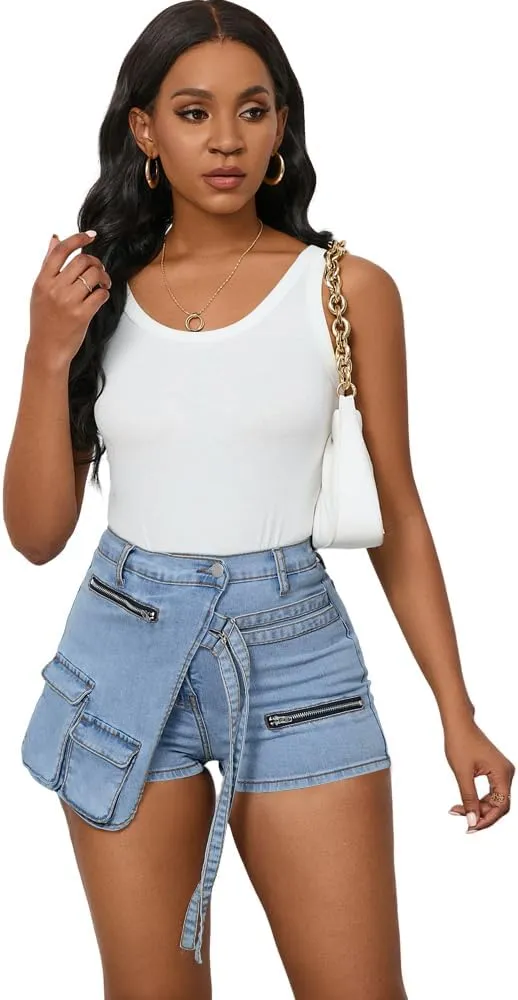 PINSV Women's Denim Skorts Stretchy Asymmetrical Jean Skirt Shorts