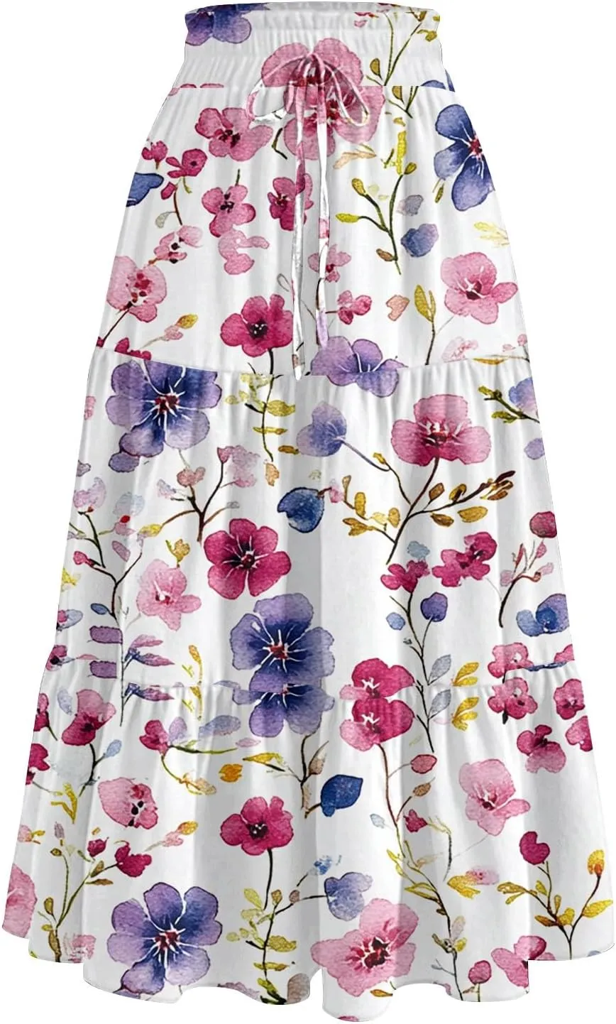 Pleated Casual A Line Midi Skirt Boho Floral Printed Length Skirts for Women Trendy Summer Elastic Waist Skirt