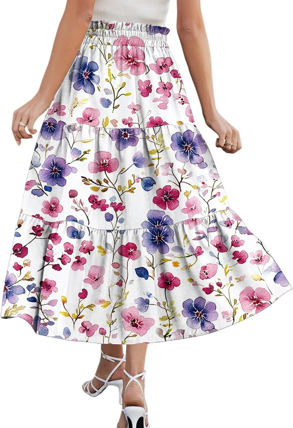 Pleated Casual A Line Midi Skirt Boho Floral Printed Length Skirts for Women Trendy Summer Elastic Waist Skirt
