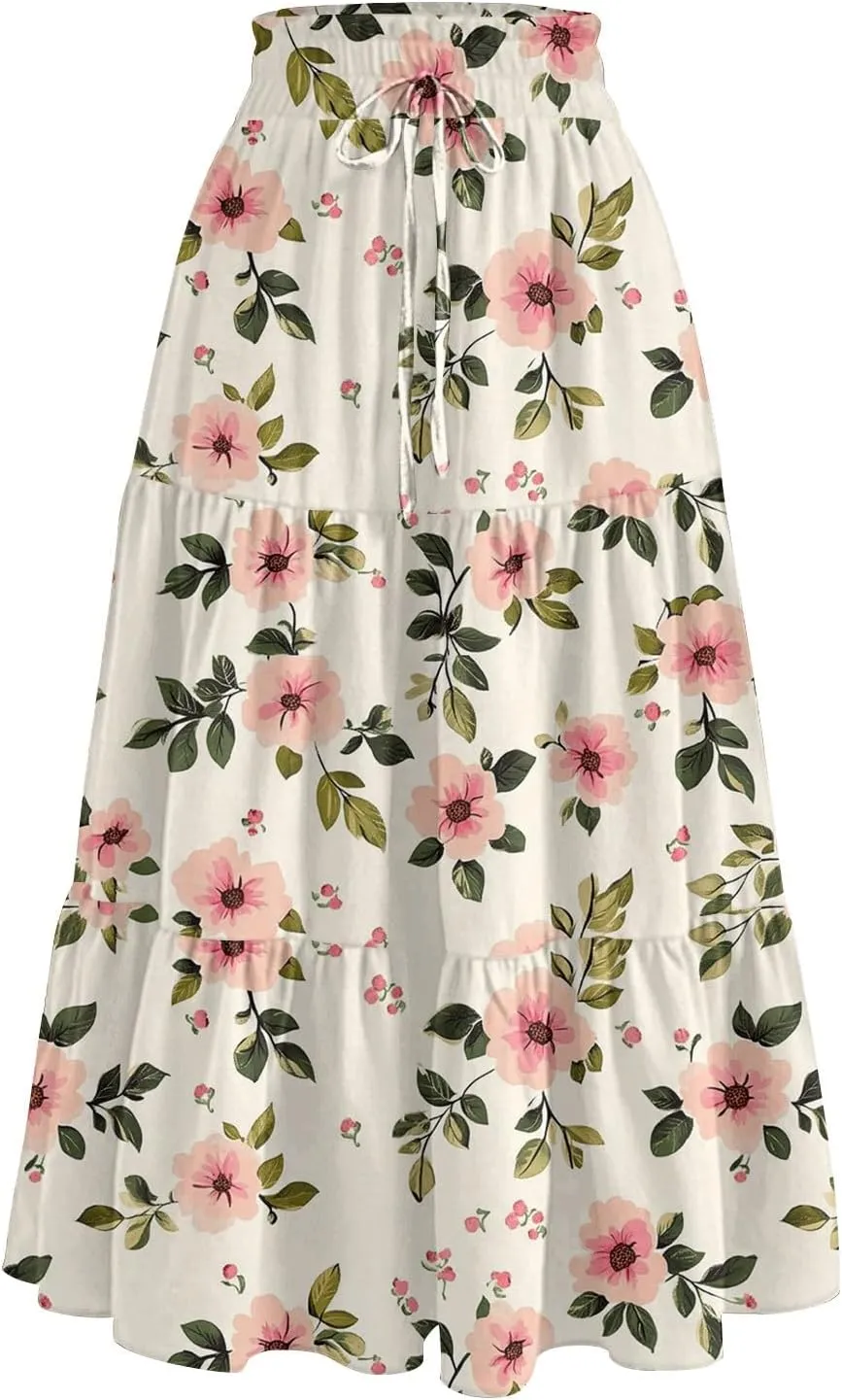 Pleated Casual A Line Midi Skirt Boho Floral Printed Length Skirts for Women Trendy Summer Elastic Waist Skirt