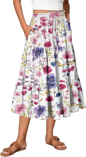 Pleated Casual A Line Midi Skirt Boho Floral Printed Length Skirts for Women Trendy Summer Elastic Waist Skirt