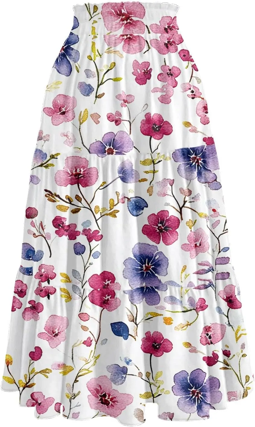 Pleated Casual A Line Midi Skirt Boho Floral Printed Length Skirts for Women Trendy Summer Elastic Waist Skirt