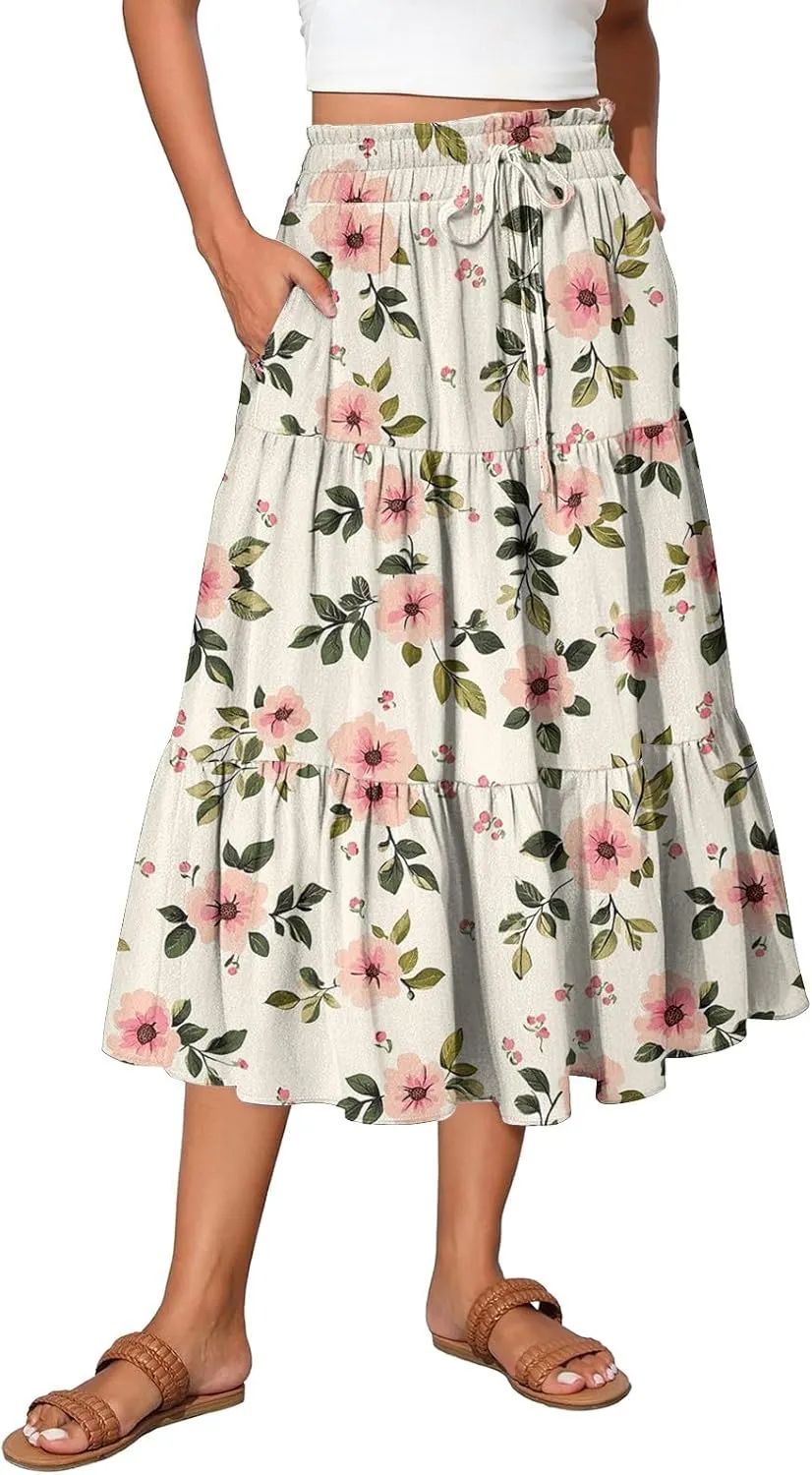 Pleated Casual A Line Midi Skirt Boho Floral Printed Length Skirts for Women Trendy Summer Elastic Waist Skirt