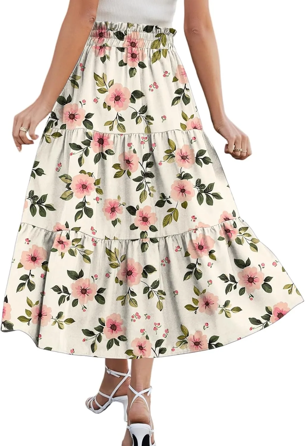 Pleated Casual A Line Midi Skirt Boho Floral Printed Length Skirts for Women Trendy Summer Elastic Waist Skirt