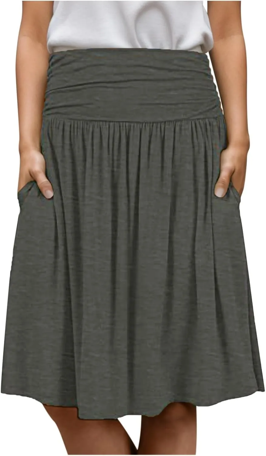 Pleated Midi Skirts for Women 2025 Summer High Waisted Solid Color Flowy A-Line Skirt with Pockets