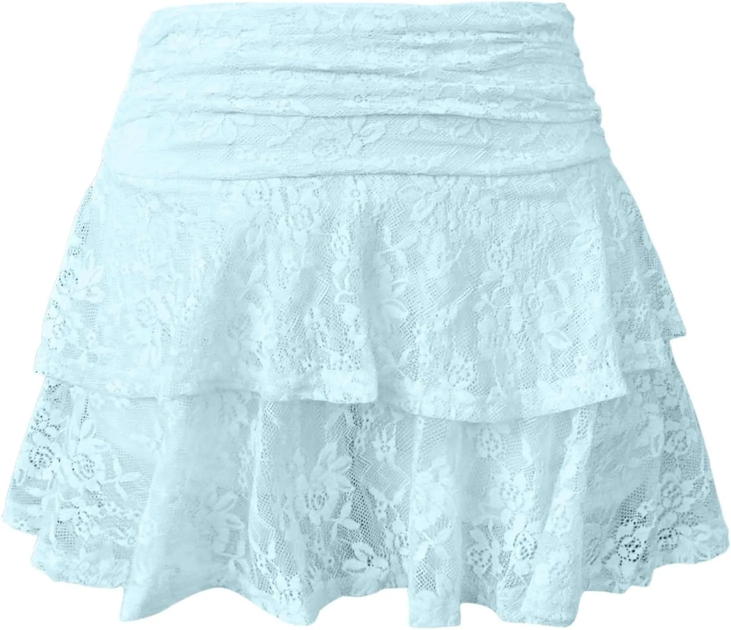 Pleated Mini Skirt for Women Summer Vacation Double Lace Ruffles Mid Elastic Waist Boha Beach Lace Sheer Mini Skirt