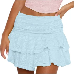 Pleated Mini Skirt for Women Summer Vacation Double Lace Ruffles Mid Elastic Waist Boha Beach Lace Sheer Mini Skirt