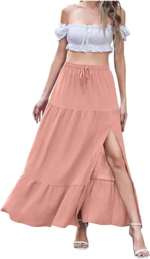 Plus Size Maxi Skirts for Women Summer Boho Flowy Tiered A-Line Skirt Casual Fashion Elastic Waist Pleated Dress