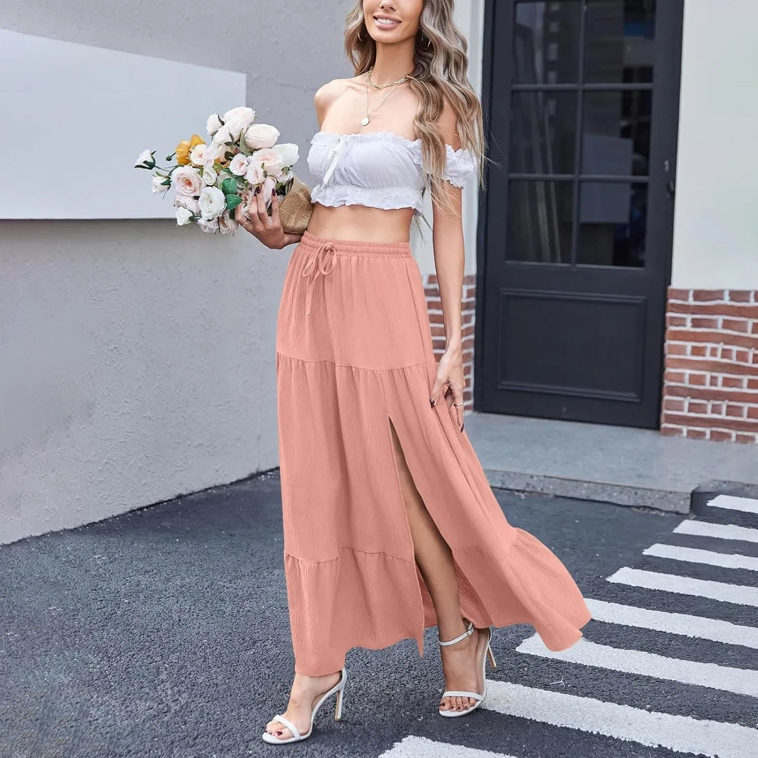 Plus Size Maxi Skirts for Women Summer Boho Flowy Tiered A-Line Skirt Casual Fashion Elastic Waist Pleated Dress