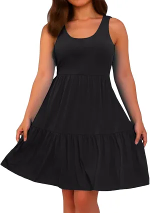 Plus Size Mini Dresses for Curvy Women Vintage Vacation Sleeveless Tiered Flowy Swing Drop Waist Resort Dresses Work Outfits