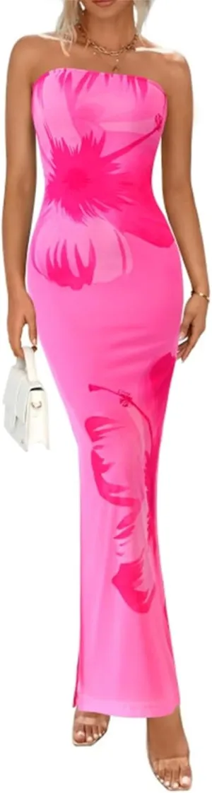 PRETTYGARDEN Strapless Bodycon Summer Dresses for Women 2025 Floral Mesh Tube Top Long Party Cocktail Dress Slit Side