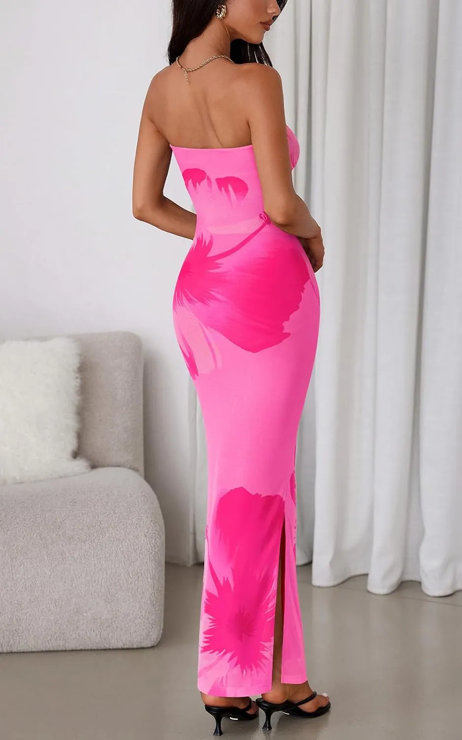 PRETTYGARDEN Strapless Bodycon Summer Dresses for Women 2025 Floral Mesh Tube Top Long Party Cocktail Dress Slit Side