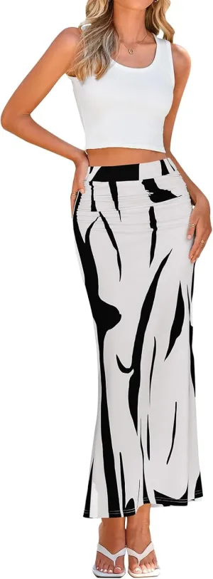 PRETTYGARDEN Women's 2025 Stretch Graphic Print Fishtail Long Skirts for Women Spring Trendy Ruched Waist Maxi Skirt