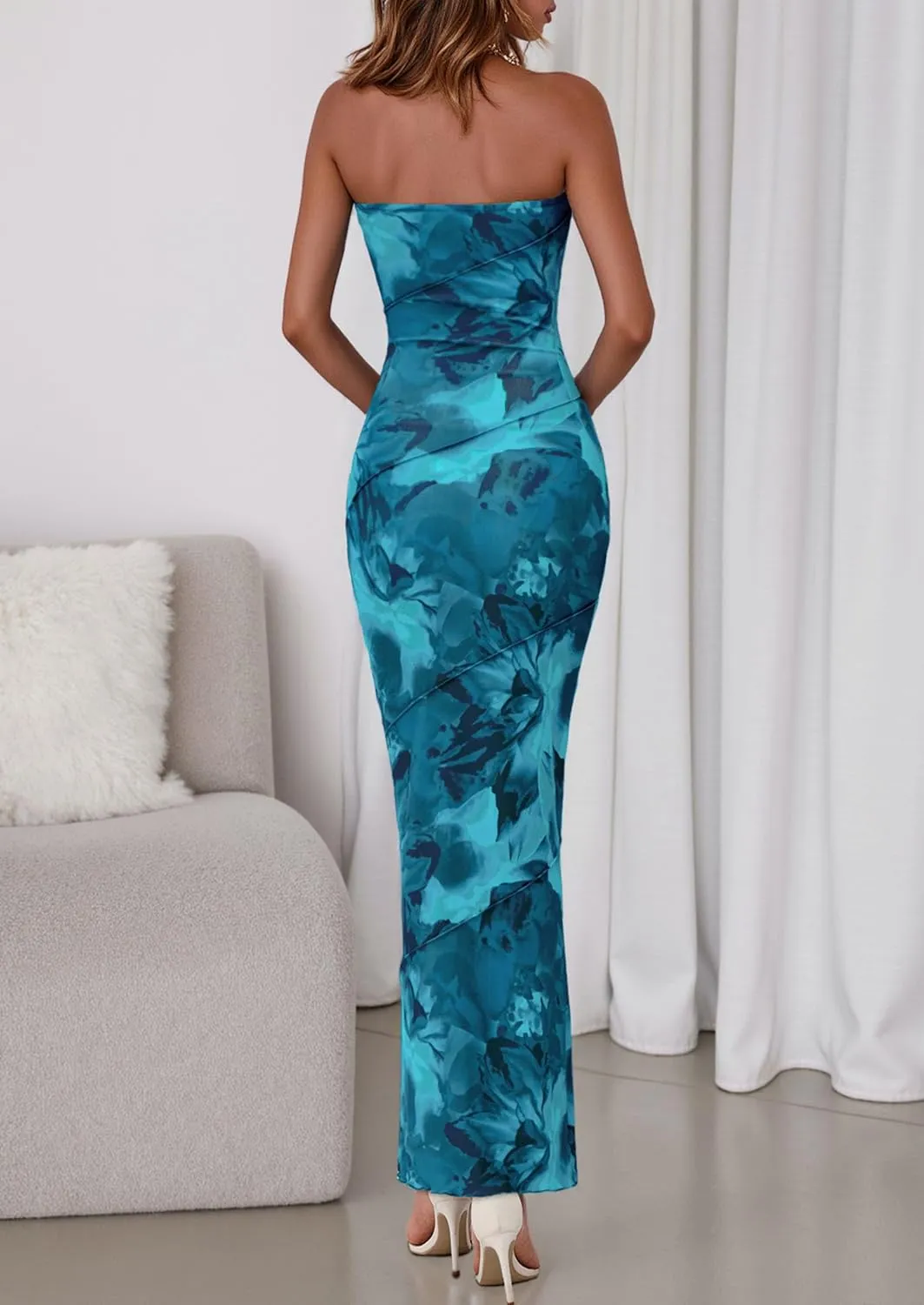 PRETTYGARDEN Women's 2025 Summer Floral Bodycon Maxi Dresses Ribbed Strapless Tube Casual Boho Party Long Dress