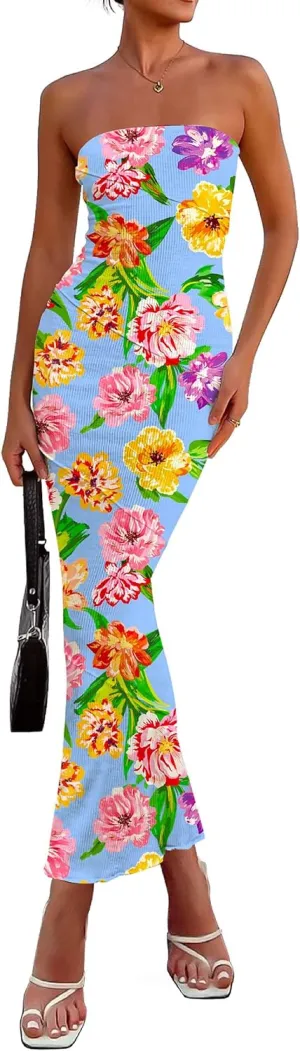 PRETTYGARDEN Women's 2025 Summer Floral Bodycon Maxi Dresses Ribbed Strapless Tube Casual Boho Party Long Dress