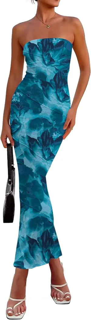 PRETTYGARDEN Women's 2025 Summer Floral Bodycon Maxi Dresses Ribbed Strapless Tube Casual Boho Party Long Dress