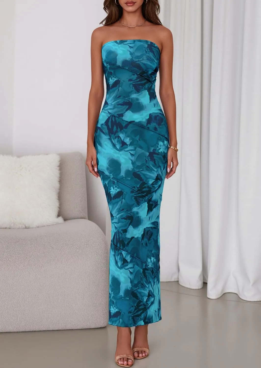 PRETTYGARDEN Women's 2025 Summer Floral Bodycon Maxi Dresses Ribbed Strapless Tube Casual Boho Party Long Dress