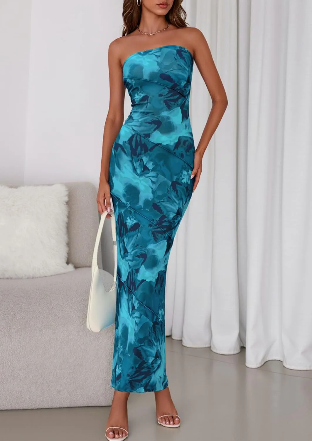 PRETTYGARDEN Women's 2025 Summer Floral Bodycon Maxi Dresses Ribbed Strapless Tube Casual Boho Party Long Dress