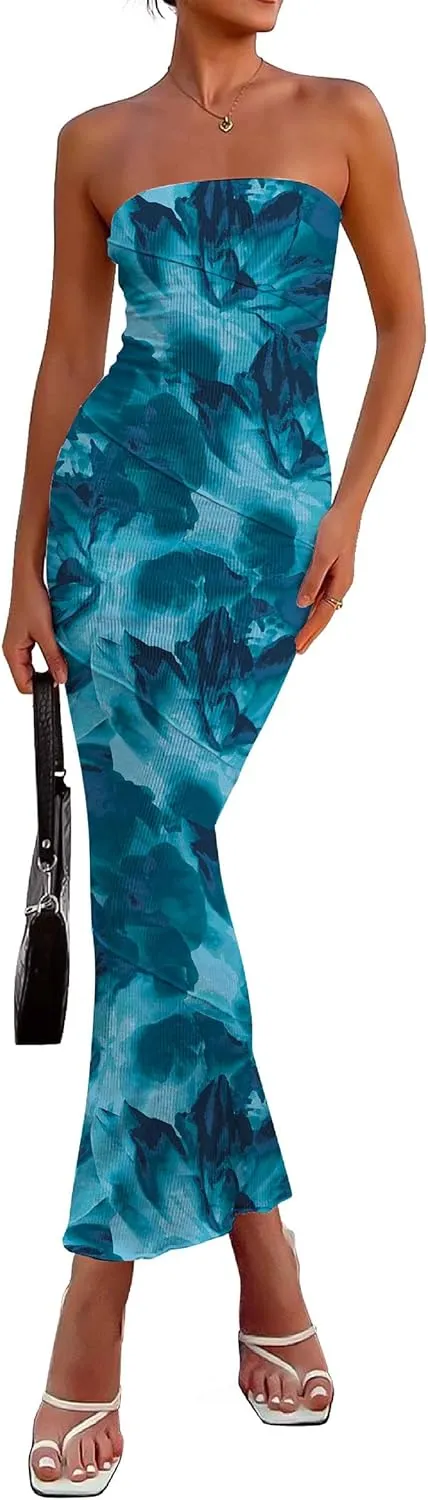 PRETTYGARDEN Women's 2025 Summer Floral Bodycon Maxi Dresses Ribbed Strapless Tube Casual Boho Party Long Dress