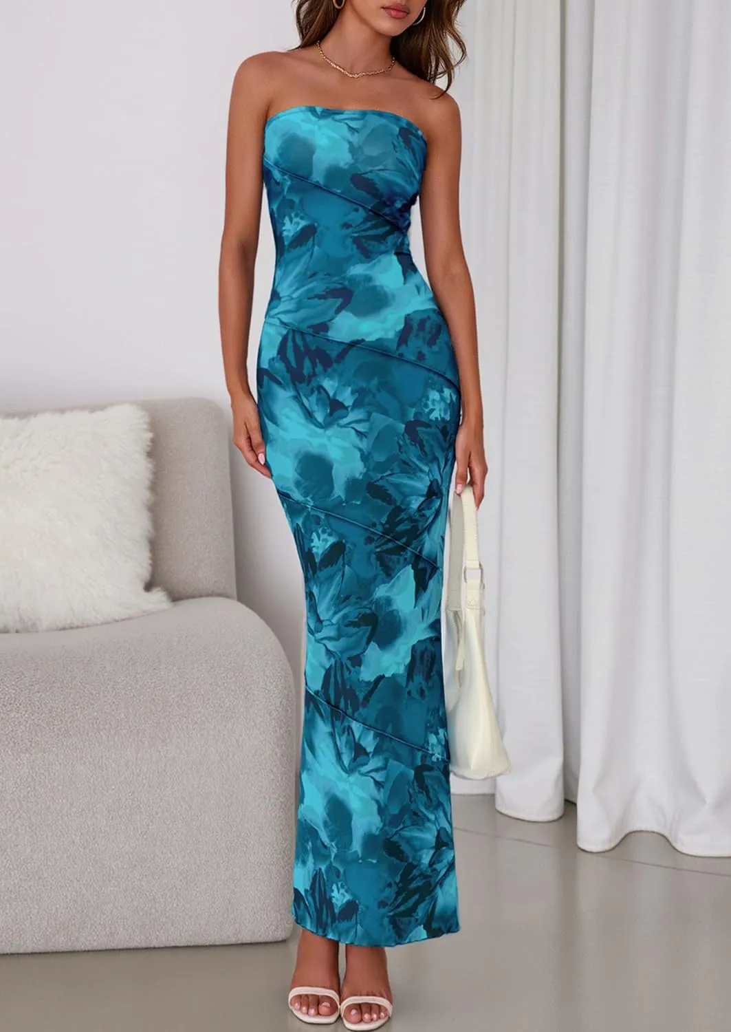 PRETTYGARDEN Women's 2025 Summer Floral Bodycon Maxi Dresses Ribbed Strapless Tube Casual Boho Party Long Dress