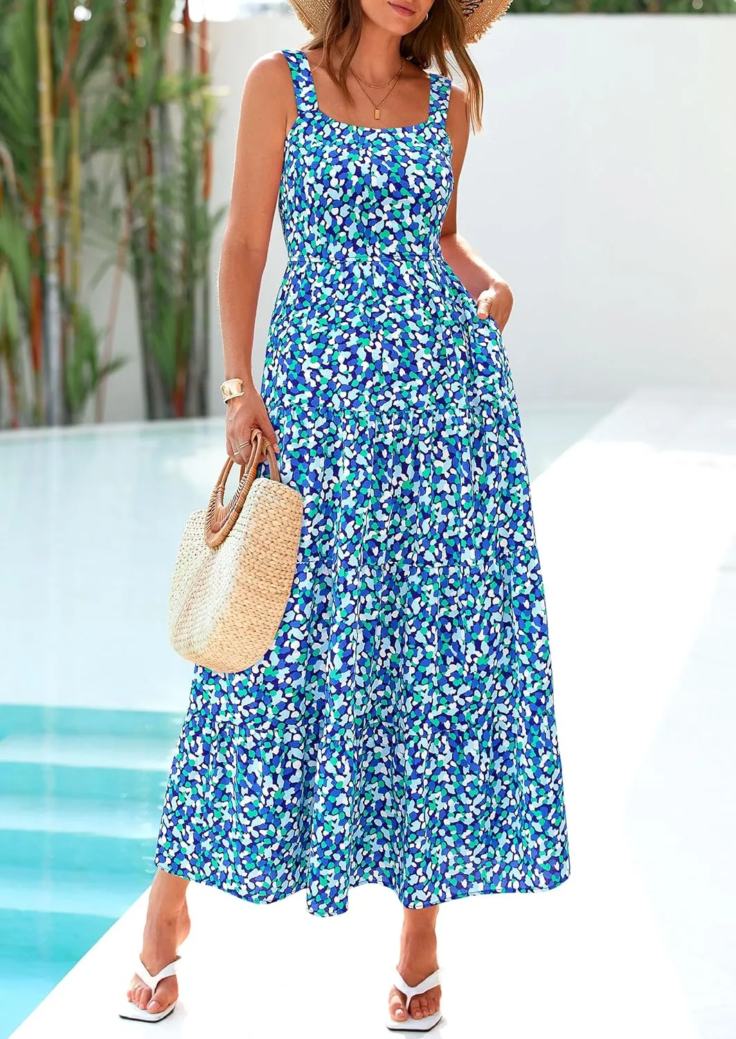 PRETTYGARDEN Women's Summer Floral Maxi Dress Sleeveless Smocked Ruffle Long Flowy Beach Vacation Boho Sundresses