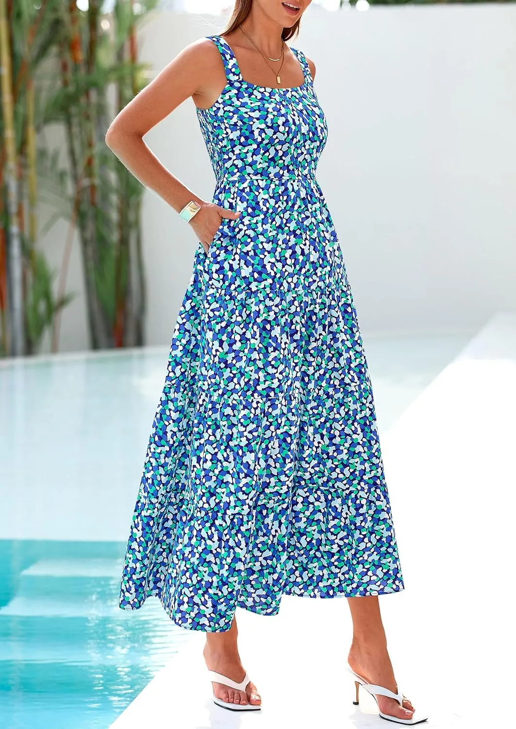 PRETTYGARDEN Women's Summer Floral Maxi Dress Sleeveless Smocked Ruffle Long Flowy Beach Vacation Boho Sundresses