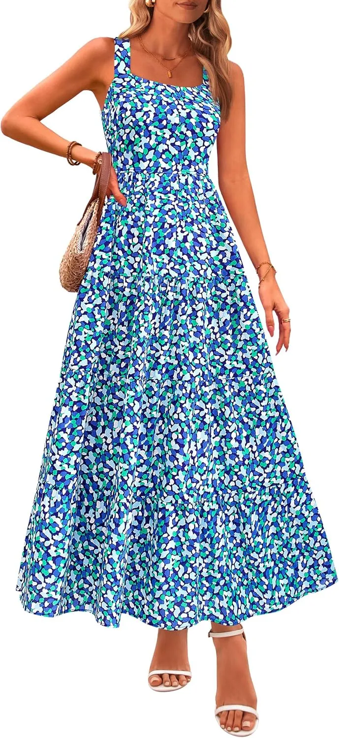 PRETTYGARDEN Women's Summer Floral Maxi Dress Sleeveless Smocked Ruffle Long Flowy Beach Vacation Boho Sundresses